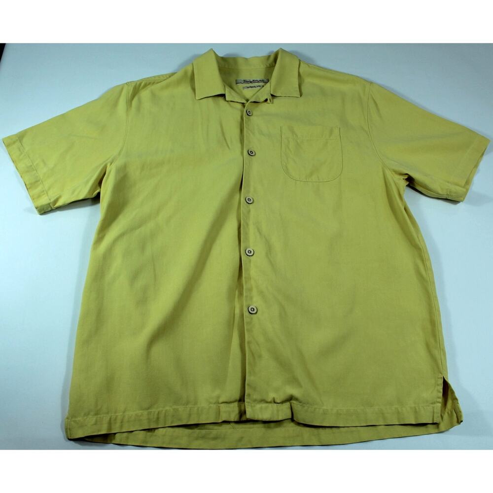 Tommy Bahama Mens Large Yellow 100% Silk Camp Shirt Short Sleeve Button Up Solid
